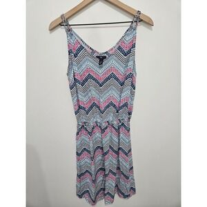 Gap Women Blue Pink Geometric Chevron Print Sleeveless Romper V-Neck Size Medium
